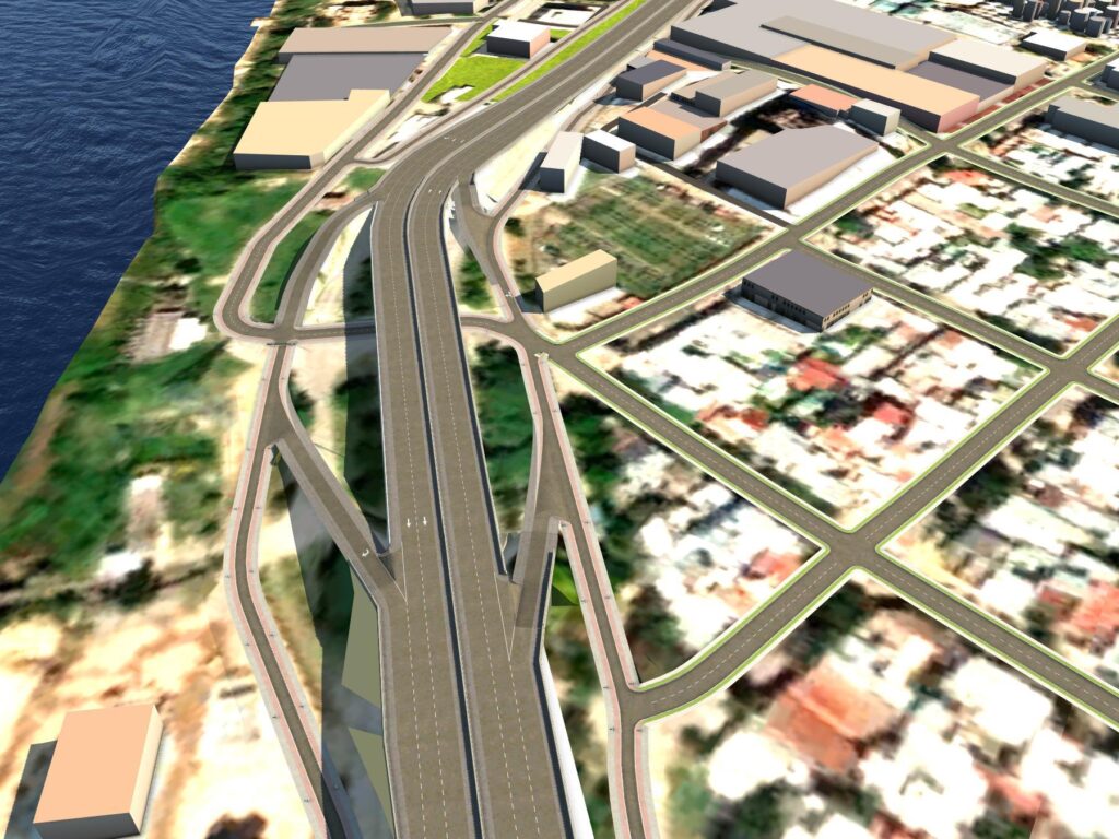 Modelo 3d de anteproyecto, vista hacia el sur de intercambiador en calle Calchines/Dorrego.