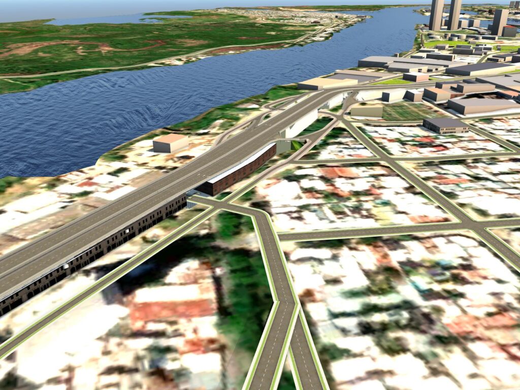 Modelo 3d de anteproyecto, vista hacia el sur de cruce en calle Vélez Sarsfield.