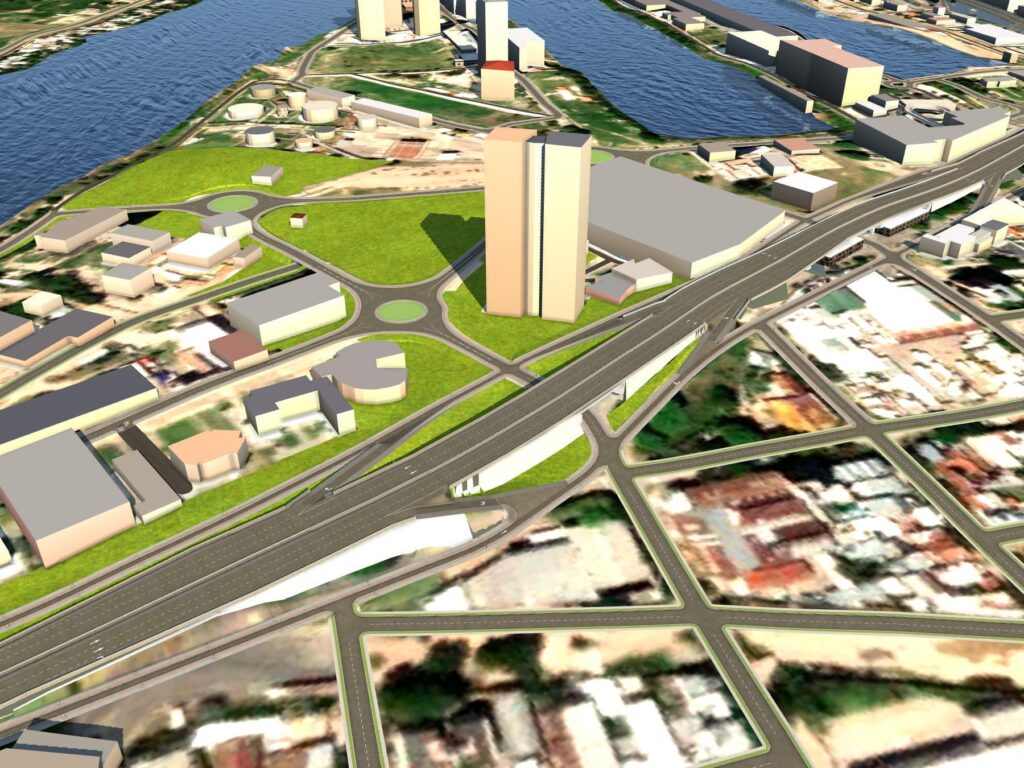 Modelo 3d de anteproyecto, vista hacia el sur de intercambiador en calle Sarmiento.